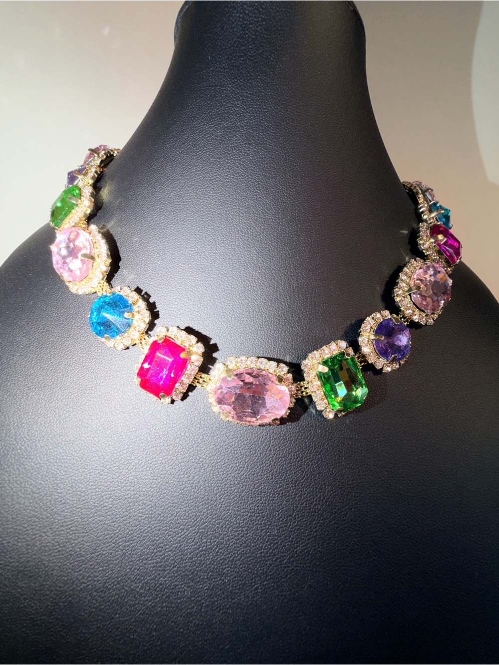 Eye Candy Gold Tone Pink, Blue, Green & Purple Faceted Crystal And Pave Necklace - Picture 5 of 10